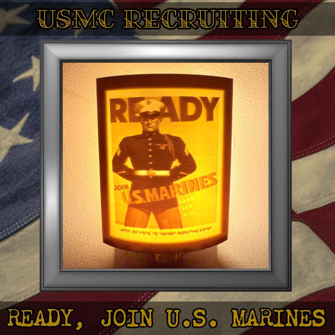 WW2 U.S. Marine Corps Recruiting Poster Night Lights | 3D Printed Gift for USMC Veteran, Military Promotion/Retirement, Military Enthusiast