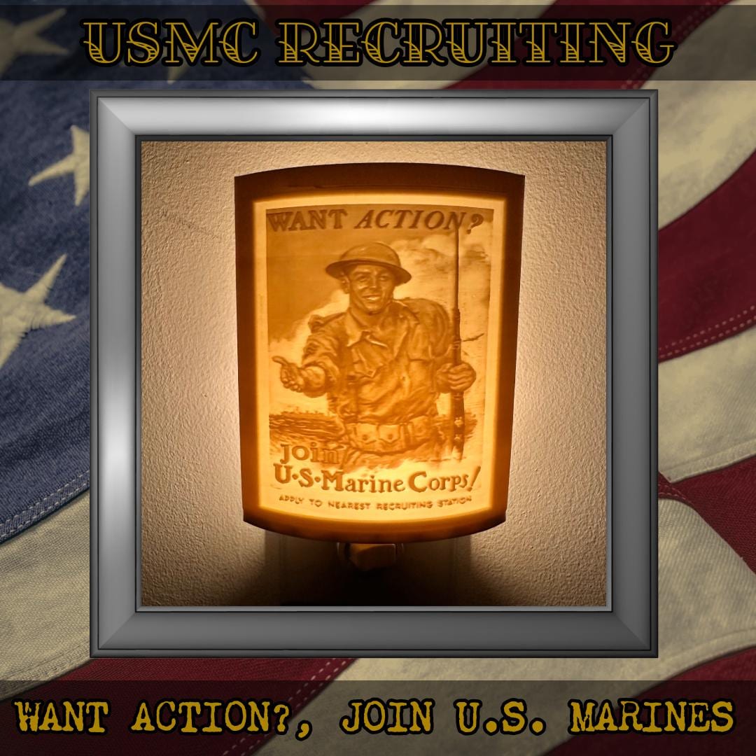 WW2 U.S. Marine Corps Recruiting Poster Night Lights | 3D Printed Gift for USMC Veteran, Military Promotion/Retirement, Military Enthusiast