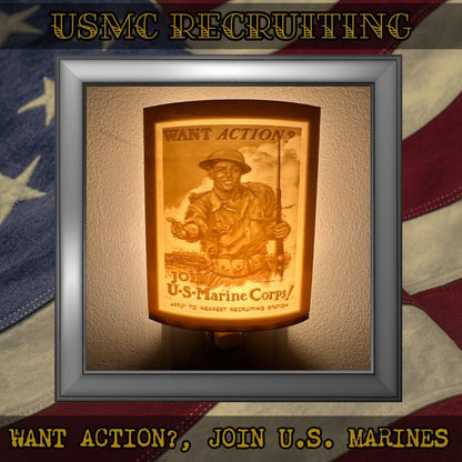 WW2 U.S. Marine Corps Recruiting Poster Night Lights | 3D Printed Gift for USMC Veteran, Military Promotion/Retirement, Military Enthusiast