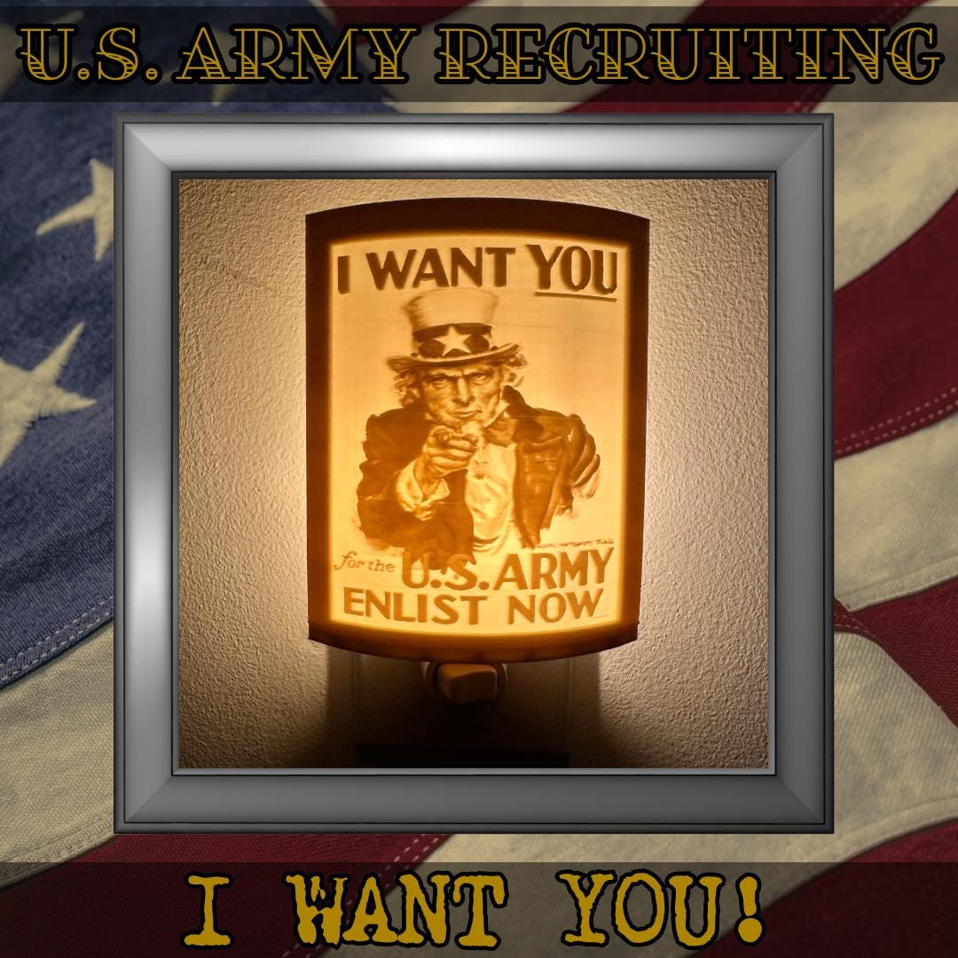 WW2 U.S. Army Recruiting Poster Night Lights | 3D Printed Gift for Army Veteran, Military Promotion/Retirement, Military Enthusiast